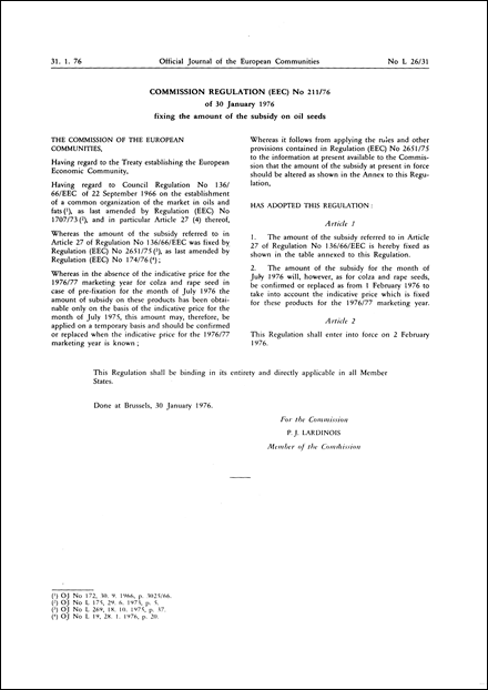 Commission Regulation (EEC) No 211/76 of 30 January 1976 fixing the amount of the subsidy on oil seeds