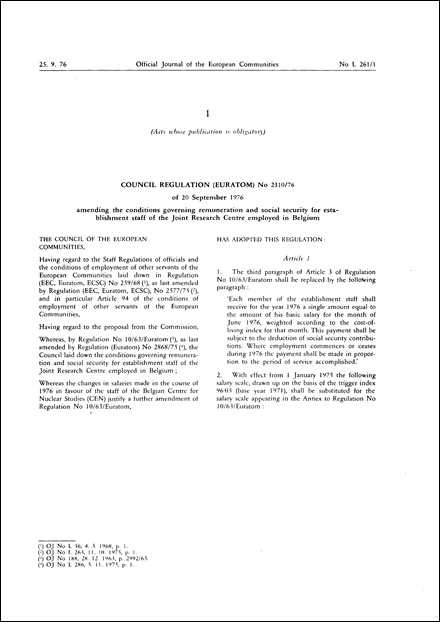 Council Regulation (Euratom) No 2310/76 of 20 September 1976 amending the conditions governing remuneration and social security for establishment staff of the Joint Research Centre employed in Belgium