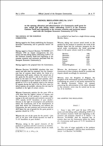 Council Regulation (EEC) No 1378/77 of 21 June 1977 on the opening, allocation and administration of a Community tariff quota for rum, arrack and tafia falling within subheading 22.09 C I of the Common Customs Tariff and originating in the overseas countries and territories associated with the European Economic Community (1977/78)
