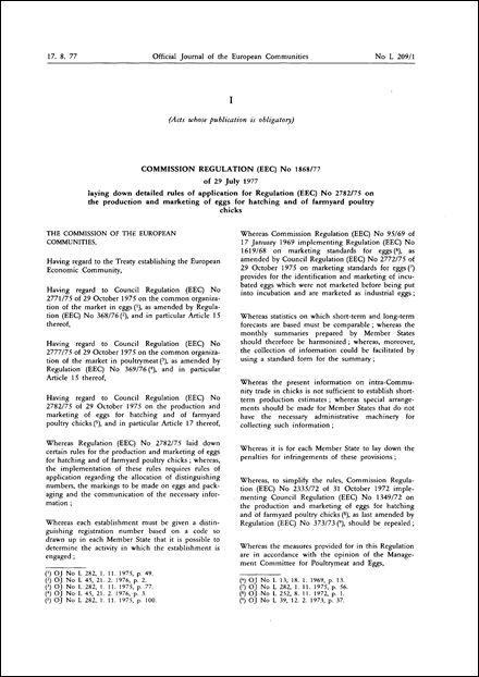 Commission Regulation (EEC) No 1868/77 of 29 July 1977 laying down detailed rules of application for Regulation (EEC) No 2782/75 on the production and marketing of eggs for hatching and of farmyard poultry chicks (repealed)