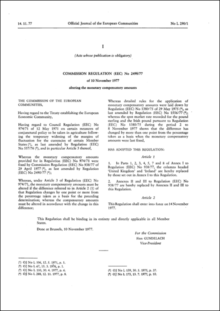 Commission Regulation (EEC) No 2498/77 of 10 November 1977 altering the monetary compensatory amounts