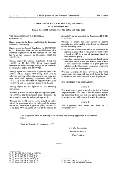 Commission Regulation (EEC) No 2559/77 of 21 November 1977 fixing the world market price for colza and rape seed