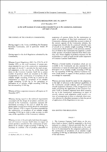 Council Regulation (EEC) No 2609/77 of 21 November 1977 on the tariff treatment of certain products intended for use in the construction, maintenance and repair of aircraft