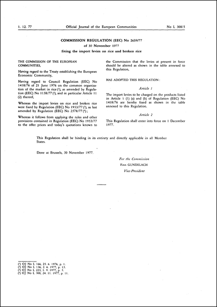 Commission Regulation (EEC) No 2639/77 of 30 November 1977 fixing the import levies on rice and broken rice