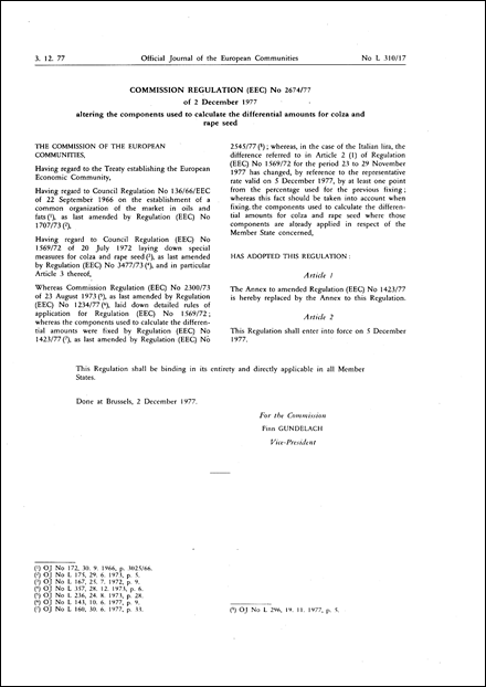 Commission Regulation (EEC) No 2674/77 of 2 December 1977 altering the components used to calculate the differential amounts for colza and rape seed