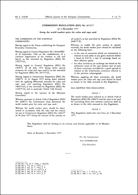 Commission Regulation (EEC) No 2675/77 of 2 December 1977 fixing the world market price for colza and rape seed