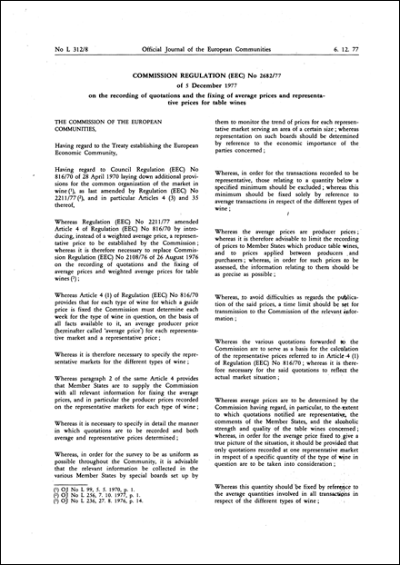 Commission Regulation (EEC) No 2682/77 of 5 December 1977 on the recording of quotations and the fixing of average prices and representative prices for table wines (repealed)