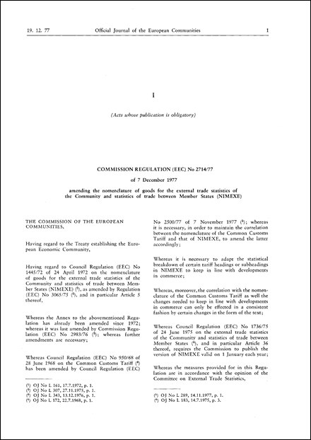 Commission Regulation (EEC) No 2714/77 of 7 December 1977 amending the nomenclature of goods for the external trade statistics of the Community and statistics of trade between Member States (NIMEXE)