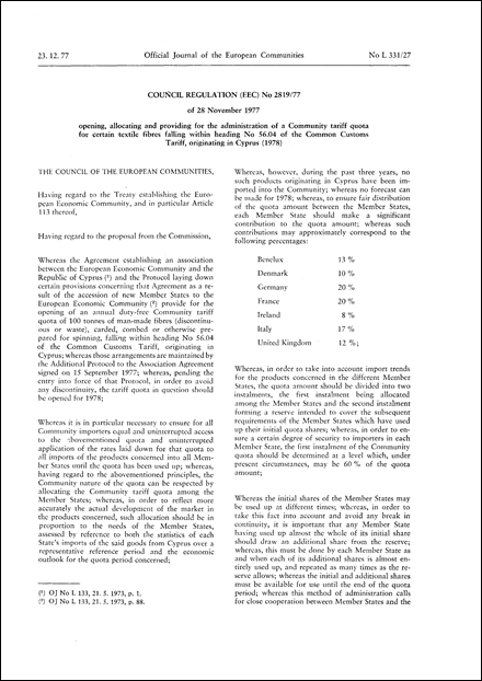 Council Regulation (EEC) No 2819/77 of 28 November 1977 opening, allocating and providing for the administration of a Community tariff quota for certain textile fibres falling within heading No 56.04 of the Common Customs Tariff, originating in Cyprus (1978)