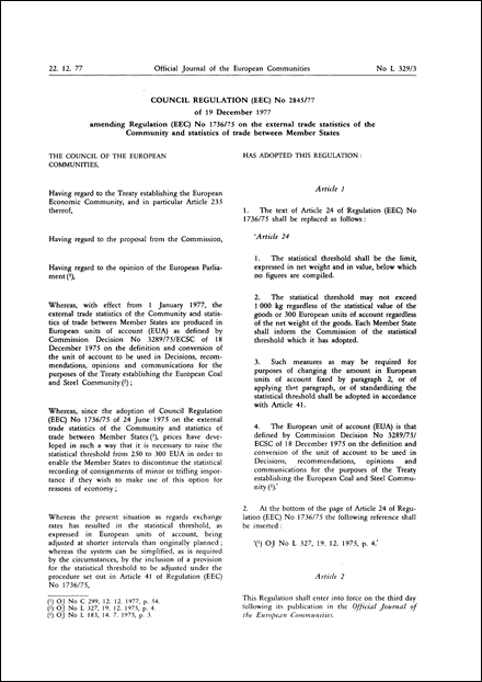 Council Regulation (EEC) No 2845/77 of 19 December 1977 amending Regulation (EEC) No 1736/75 on the external trade statistics of the Community and statistics of trade between Member States