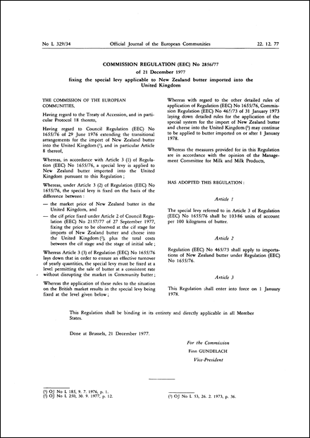 Commission Regulation (EEC) No 2856/77 of 21 December 1977 fixing the special levy applicable to New Zealand butter imported into the United Kingdom