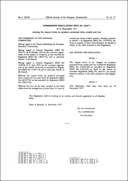 Commission Regulation (EEC) No 2858/77 of 21 December 1977 altering the import levies on products processed from cereals and rice