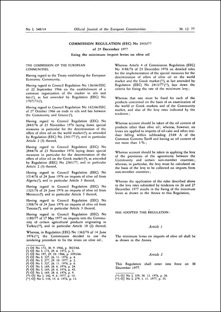 Commission Regulation (EEC) No 2951/77 of 29 December 1977 fixing the minimum import levies on olive oil