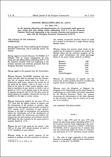 Council Regulation (EEC) No 1228/78 of 6 June 1978 on the opening, allocation and administration of a Community tariff quota for rum, arrack and tafia falling within subheading 22.09 C I of the Common Customs Tariff and originating in the overseas countries and territories associated with the European Economic Community (1978/79)