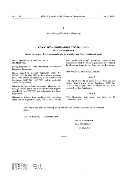 Commission Regulation (EEC) No 2970/78 of 18 December 1978 fixing the import levies on cereals and on wheat or rye flour, groats and meal