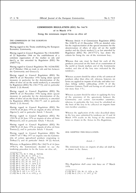 Commission Regulation (EEC) No 546/78 of 16 March 1978 fixing the minimum import levies on olive oil