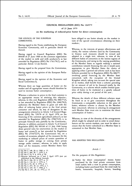 Council Regulation (EEC) No 1269/79 of 25 June 1979 on the marketing of reduced-price butter for direct consumption