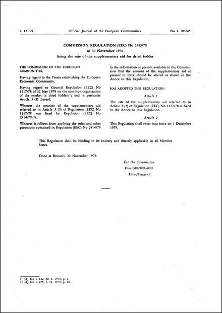 Commission Regulation (EEC) No 2683/79 of 30 November 1979 fixing the rate of the supplementary aid for dried fodder