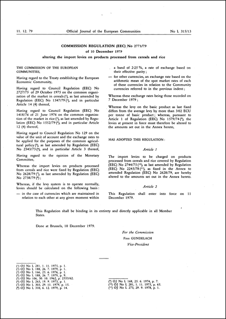 Commission Regulation (EEC) No 2771/79 of 10 December 1979 altering the import levies on products processed from cereals and rice