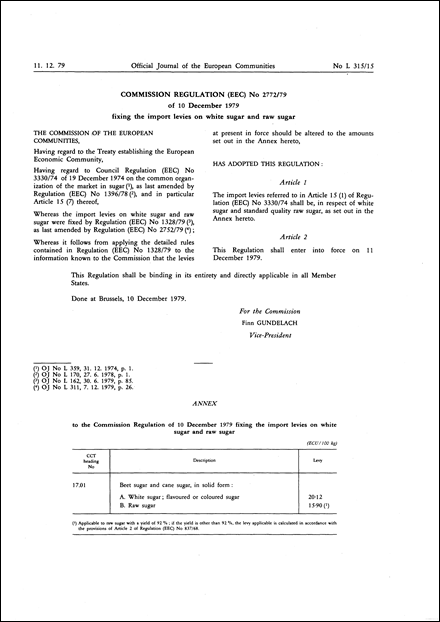 Commission Regulation (EEC) No 2772/79 of 10 December 1979 fixing the import levies on white sugar and raw sugar