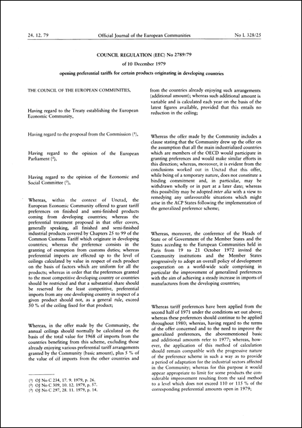 Council Regulation (EEC) No 2789/79 of 10 December 1979 opening preferential tariffs for certain products originating in developing countries