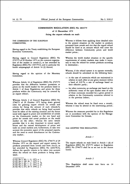 Commission Regulation (EEC) No 2805/79 of 13 December 1979 fixing the export refunds on malt