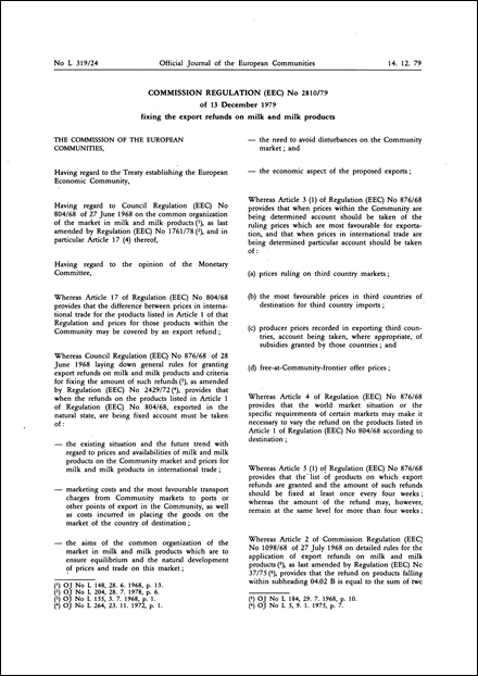 Commission Regulation (EEC) No 2810/79 of 13 December 1979 fixing the export refunds on milk and milk products