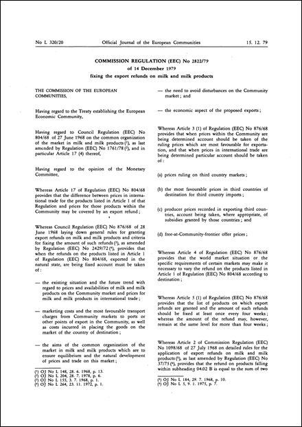 Commission Regulation (EEC) No 2822/79 of 14 December 1979 fixing the export refunds on milk and milk products