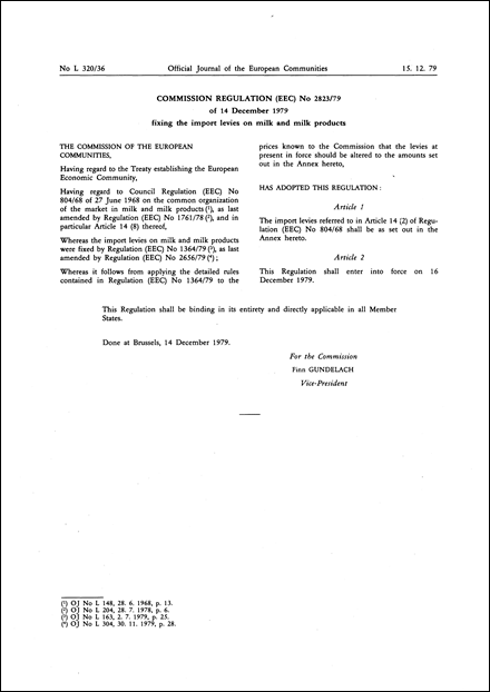 Commission Regulation (EEC) No 2823/79 of 14 December 1979 fixing the import levies on milk and milk products