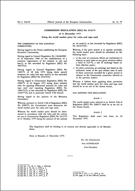 Commission Regulation (EEC) No 2913/79 of 21 December 1979 fixing the world marked price for colza and rape seed