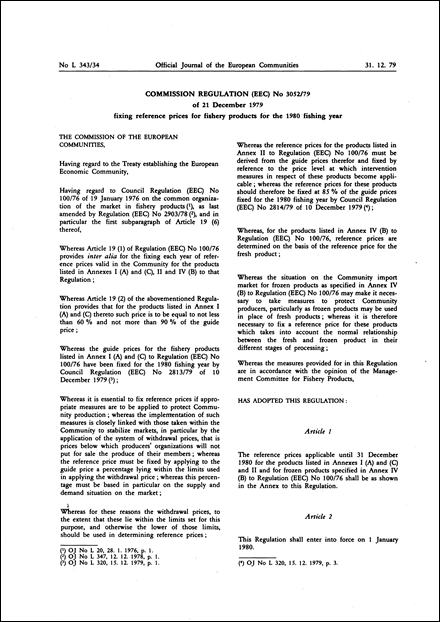 Commission Regulation (EEC) No 3052/79 of 21 December 1979 fixing reference prices for fishery products for the 1980 fishing year