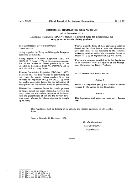 Commission Regulation (EEC) No 3054/79 of 21 December 1979 amending Regulation (EEC) No 1109/71 on detailed rules for determining the entry price for certain fishery products