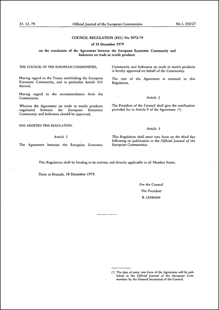 Council Regulation (EEC) No 3072/79 of 18 December 1979 on the conclusion of the Agreement between the European Economic Community and Indonesia on trade in textile products