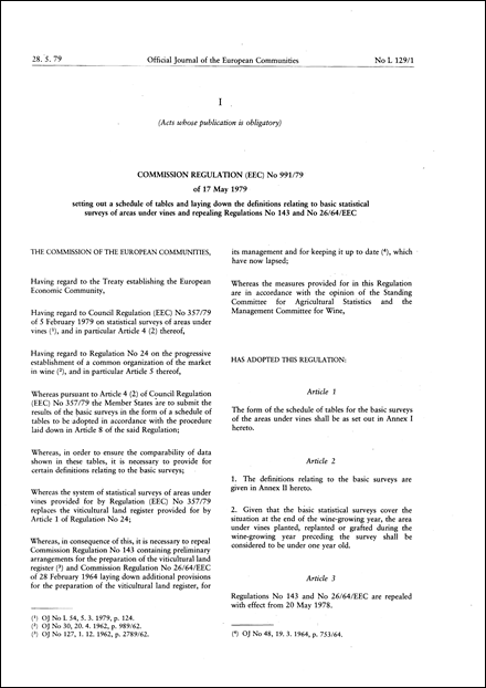 Commission Regulation (EEC) No 991/79 of 17 May 1979 setting out a schedule of tables and laying down the definitions relating to basic statistical surveys of areas under vines and repealing Regulations No 143 and No 26/64/EEC (repealed)