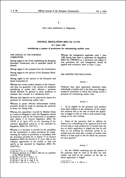 Council Regulation (EEC) No 1357/80 of 5 June 1980 introducing a system of premiums for maintaining suckler cows