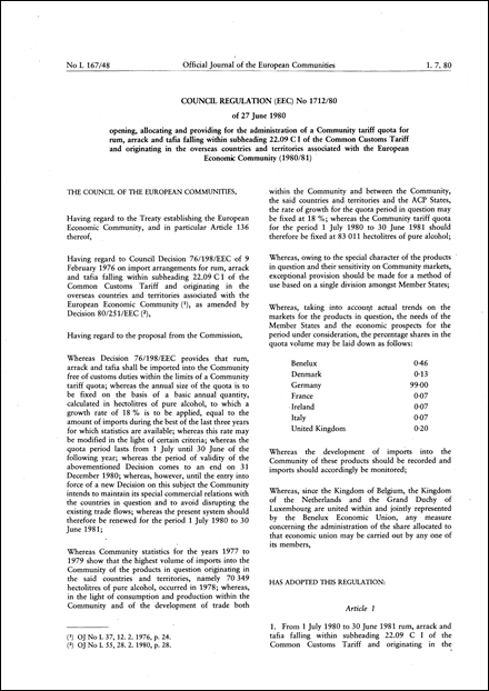 Council Regulation (EEC) No 1712/80 of 27 June 1980 opening, allocating and providing for the administration of a Community tariff quota for rum, arrack and tafia falling within subheading 22.09 C I of the Common Customs Tariff and originating in the overseas countries and territories associated with the European Economic Community (1980/81)