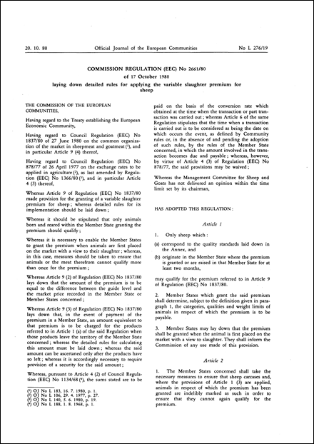 Commission Regulation (EEC) No 2661/80 of 17 October 1980 laying down detailed rules for applying the variable slaughter premium for sheep (repealed)