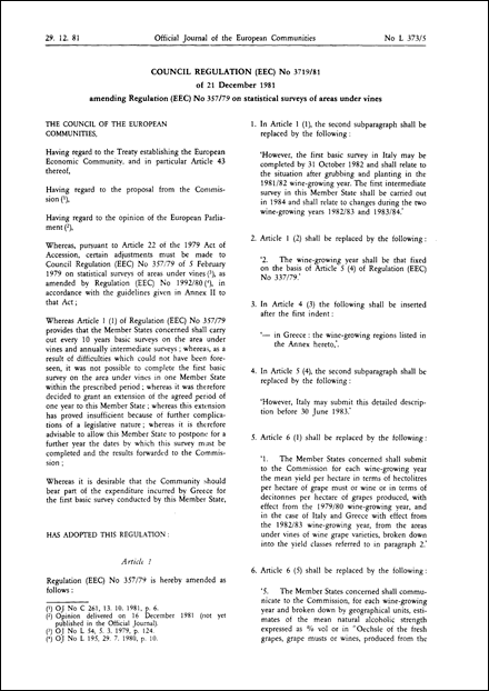 Council Regulation (EEC) No 3719/81 of 21 December 1981 amending Regulation (EEC) No 357/79 on statistical surveys of areas under vines (repealed)