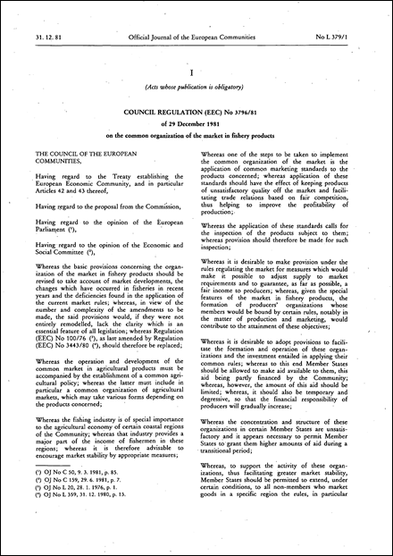 Council Regulation (EEC) No 3796/81 of 29 December 1981 on the common organization of the market in fishery products