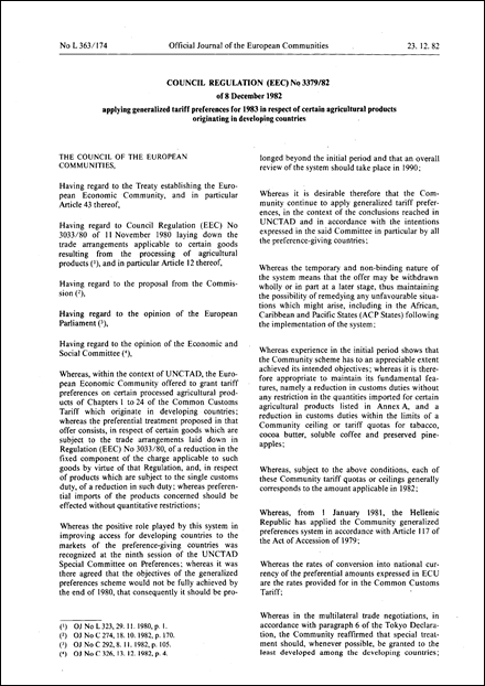 Council Regulation (EEC) No 3379/82 of 8 December 1982 applying generalized tariff preferences for 1983 in respect of certain agricultural products originating in developing countries