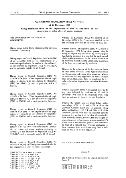 Commission Regulation (EEC) No 3382/82 of 16 December 1982 fixing the minimum levies on the importation of olive oil and levies on the importation of other olive oil sector products