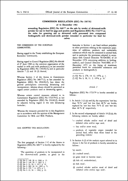 Commission Regulation (EEC) No 3387/82 of 16 December 1982 amending Regulation (EEC) No 368/77 on the sale by tender of skimmed-milk powder for use in feed for pigs and poultry and Regulation (EEC) No 1725/79 on the rules for granting aid to skimmed milk processed into compound feedingstuffs and skimmed-milk powder intended in particular for feed for calves