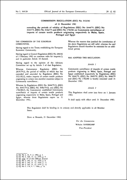 Commission Regulation (EEC) No 3522/82 of 21 December 1982 extending the periods of validity of Regulations (EEC) No 3044/79, (EEC) No 3045/79, (EEC) No 3046/79 and (EEC) No 1782/80 on Community surveillance of imports of certain textile products originating respectively in Malta, Spain, Portugal and Egyptt