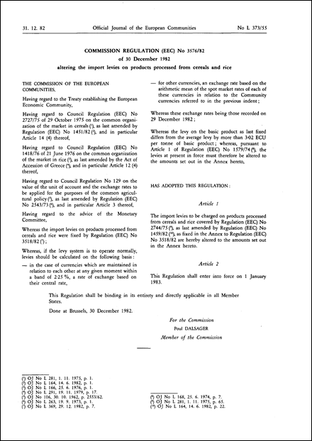 Commission Regulation (EEC) No 3576/82 of 30 December 1982 altering the import levies on products processed from cereals and rice