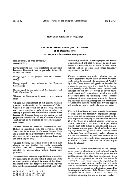 Council Regulation (EEC) No 3599/82 of 21 December 1982 on temporary importation arrangements