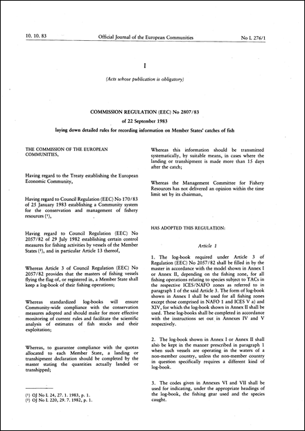 Commission Regulation (EEC) No 2807/83 of 22 September 1983 laying down detailed rules for recording information on Member States' catches of fish (repealed)