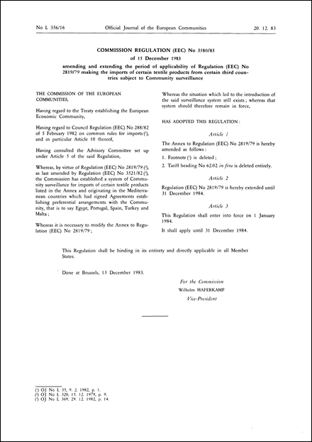 Commission Regulation (EEC) No 3580/83 of 15 December 1983 amending and extending the period of applicability of Regulation (EEC) No 2819/79 making the imports of certain textile products from certain third countries subject to Community surveillance