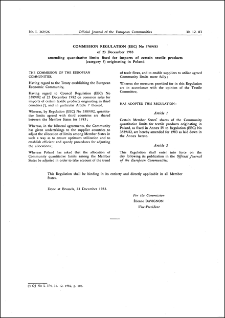 Commission Regulation (EEC) No 3709/83 of 23 December 1983 amending quantitative limits fixed for imports of certain textile products (category 5) originating in Poland
