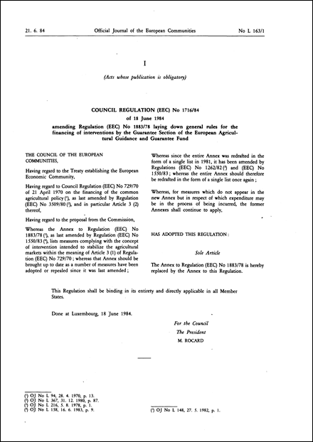 Council Regulation (EEC) No 1716/84 of 18 June 1984 amending Regulation (EEC) No 1883/78 laying down general rules for the financing of interventions by the Guarantee Section of the European Agricultural Guidance and Guarantee Fund