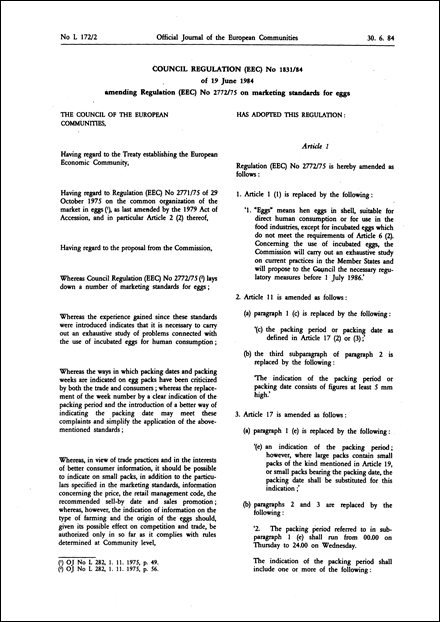 Council Regulation (EEC) No 1831/84 of 19 June 1984 amending Regulation (EEC) No 2772/75 on marketing standards for eggs